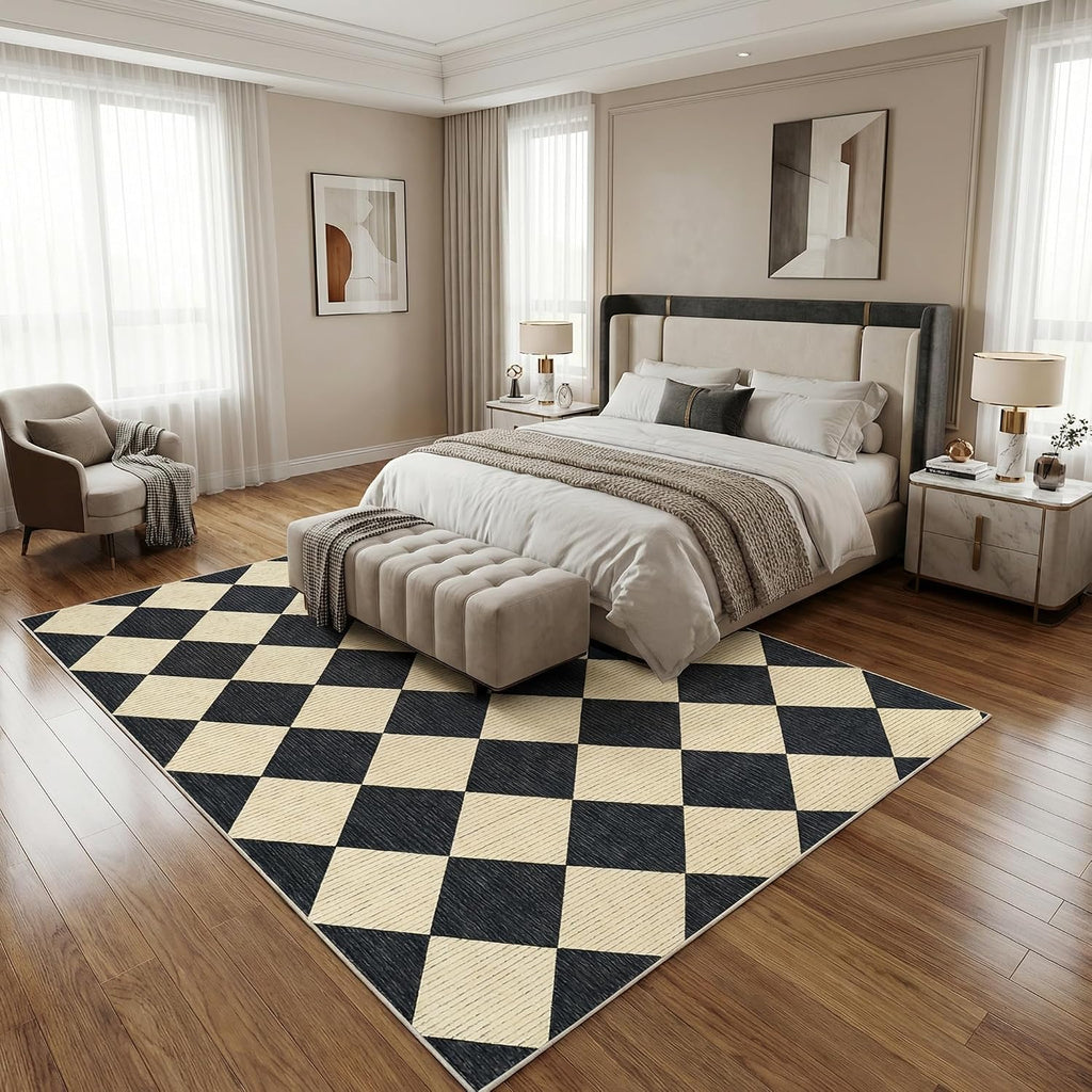 GarveeHome 5x7 Checkered Area Rug Black and Brown Washable Living Room Rug