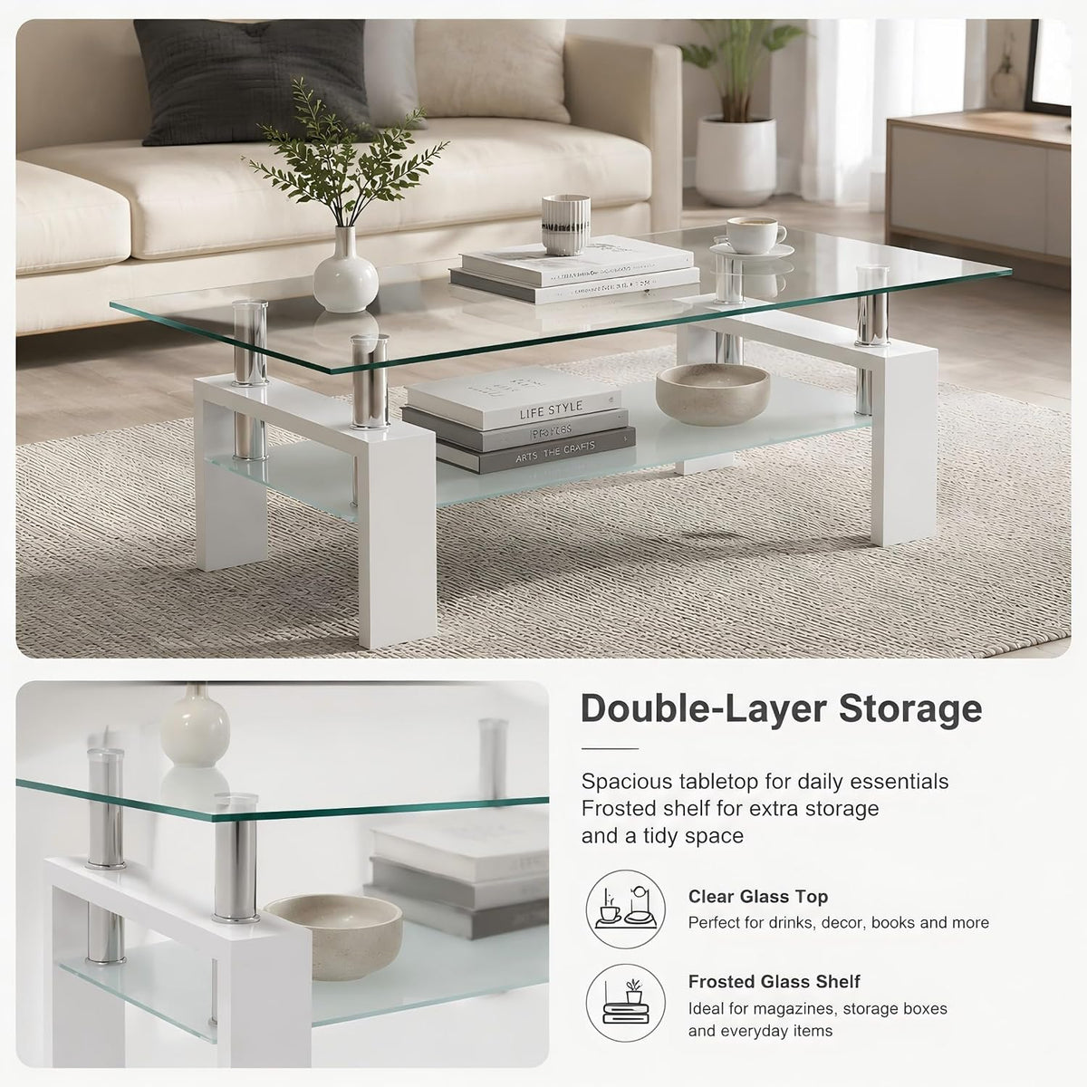 Glass Coffee Table for Living Room, Modern Coffee Table with Transparent Tempered Glass Top and White Metal Legs, Rectangle Tea Table for Home