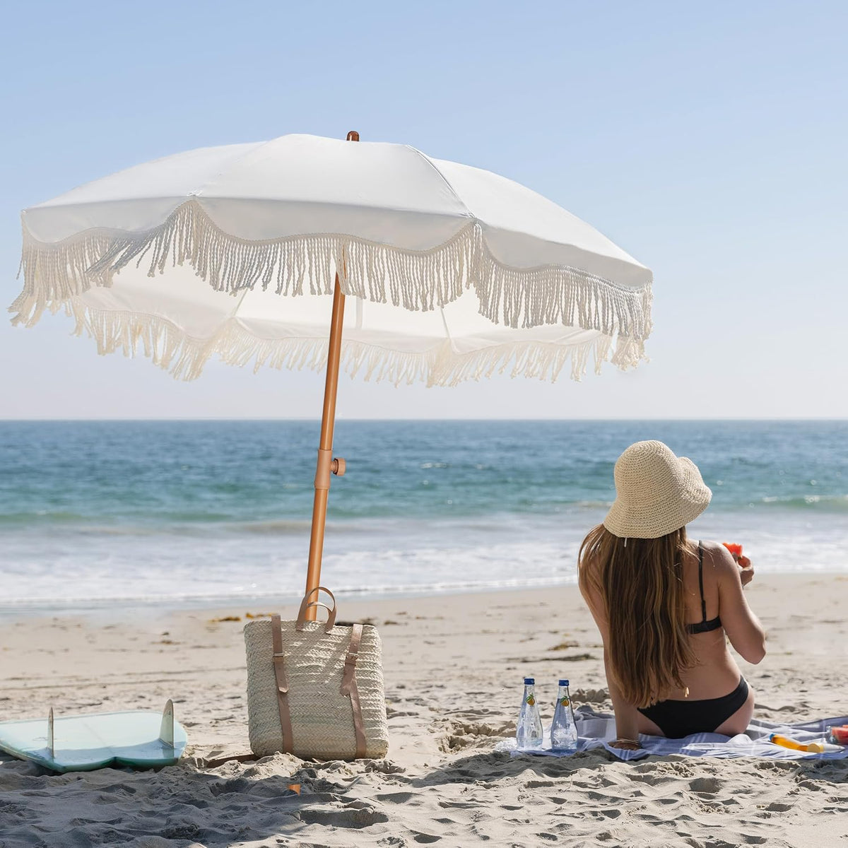 AMMSUN Boho Fringe Umbrella, 6.5ft Outdoor Umbrella with Tassel
