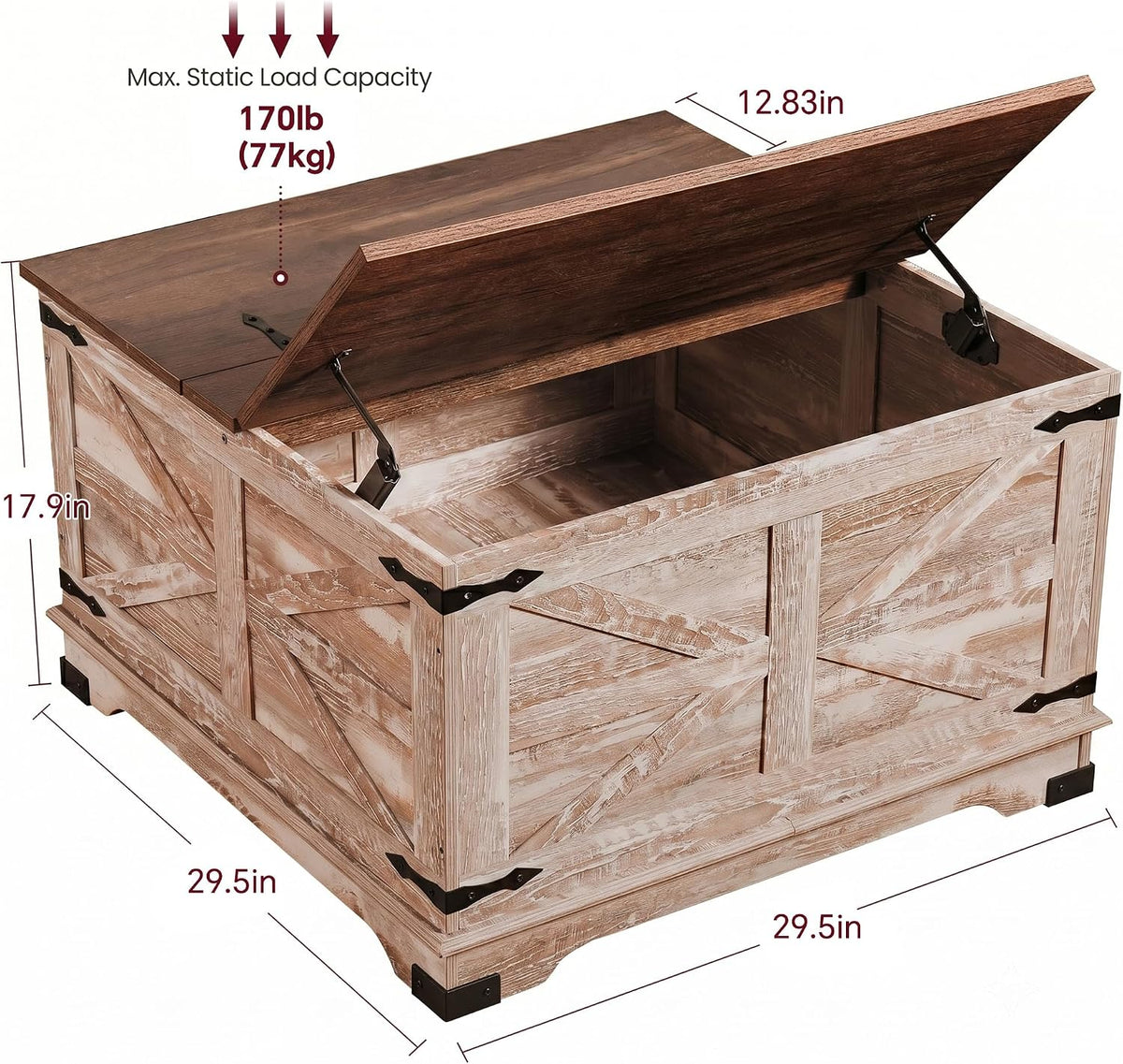 senlin Farmhouse Coffee Table, Heavy-Duty Coffee Table with Storage, Square Wood Center Table Set for Living Room with Pull Up Large Hidden Storage Compartment,Rustic Brown