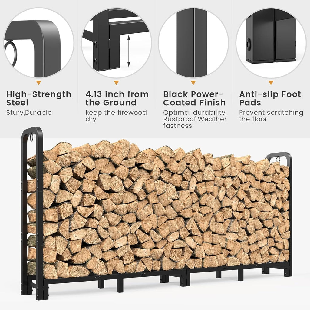 Mr IRONSTONE 8ft Firewood Rack Outdoor Indoor, Upgraded Heavy Duty Adjustable Fire Wood Rack Holds Up to 4500lbs, Fireplace Log Holder Wood Storage for Porch Patio, Easy Assembly