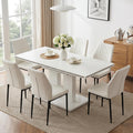 HIPIHOM Extendable Dining Table Set, White Table + 6 Beige Pu Chairs
