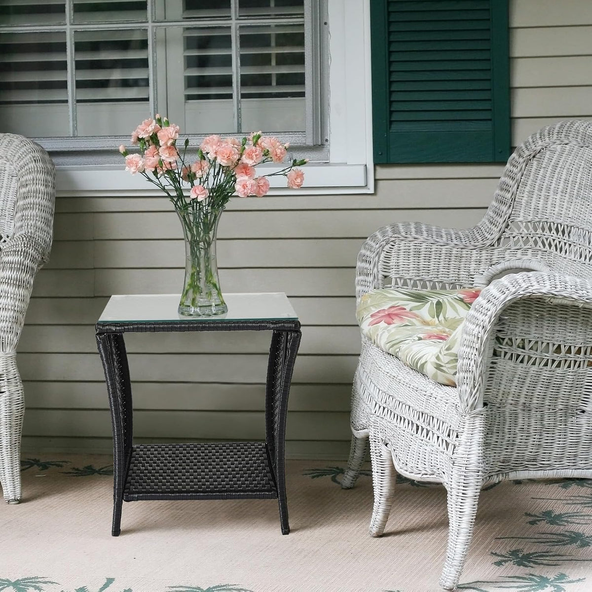 VINGLI Outdoor Wicker Side Table Patio Side Tables for Outside, Tempered Glass Top Wicker Table with Storage End Table for Balcony Porch Deck (Black)