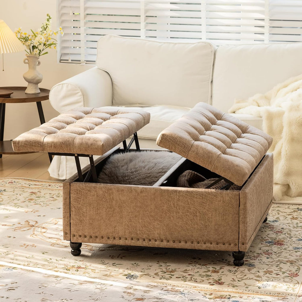 Redlife 35 Inch Large Square Storage Ottoman, Coffee Table Ottoman, Faux