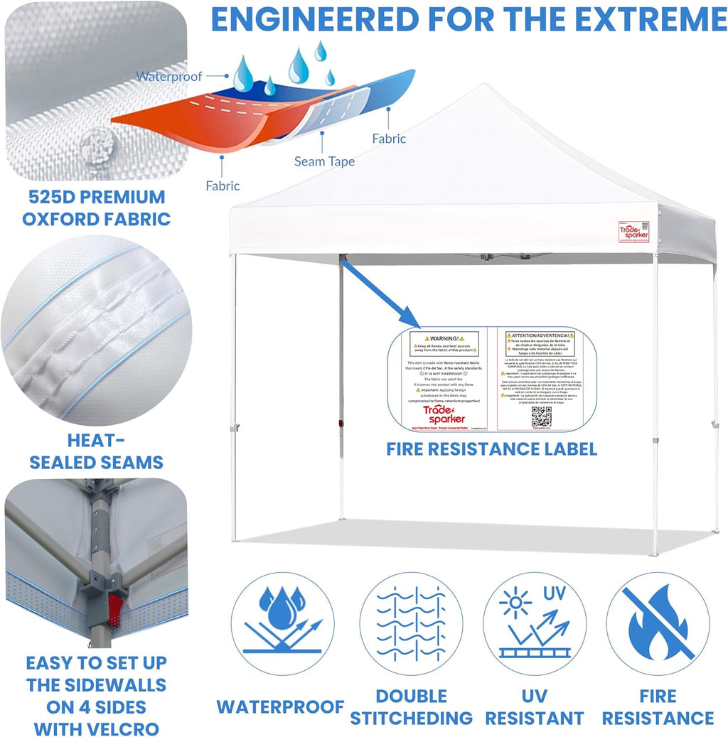 Tradesparker 10x15 Commercial Pop Up Canopy Replacement Top-Windproof D-Rings+Banner Grommets+Loop Pile Wall System,Ez Canopy Cover ONLY-Frame/Side Walls NOT Included(White)