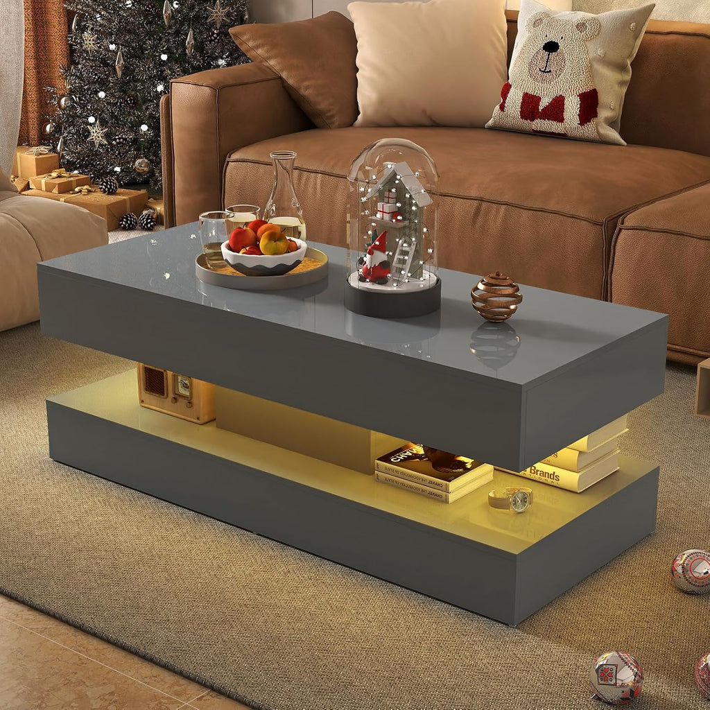 Verano Garden 47" High Gloss LED Coffee Table, Large Storage Center Table