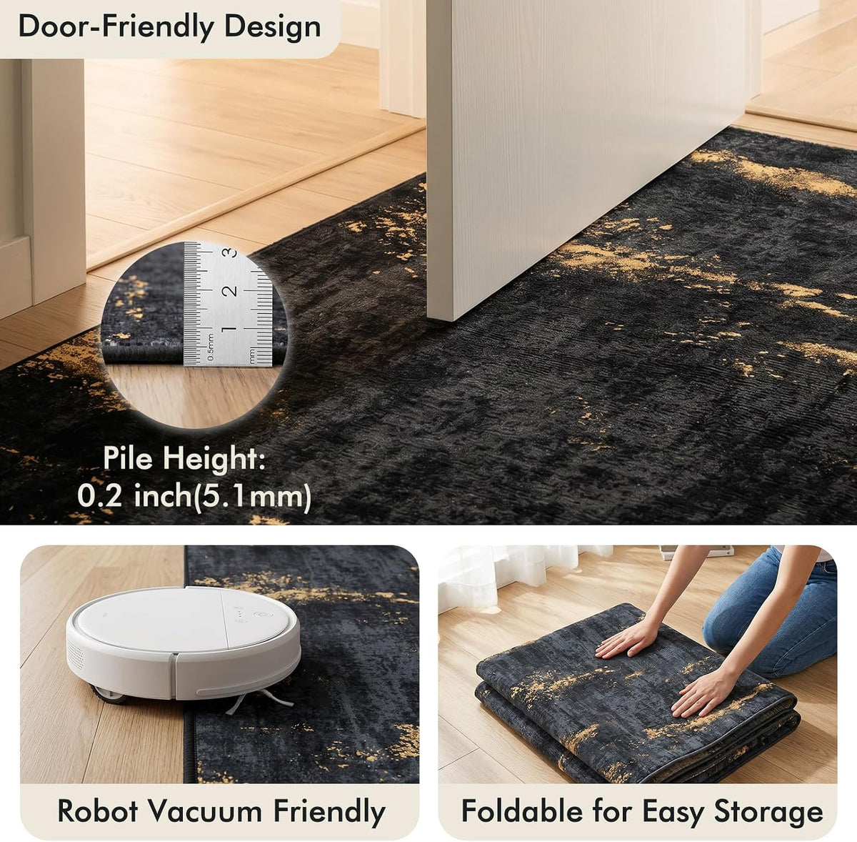 Fixwal Washable 6x9 Area Rug for Living Room, Non-Slip, Black/Gold