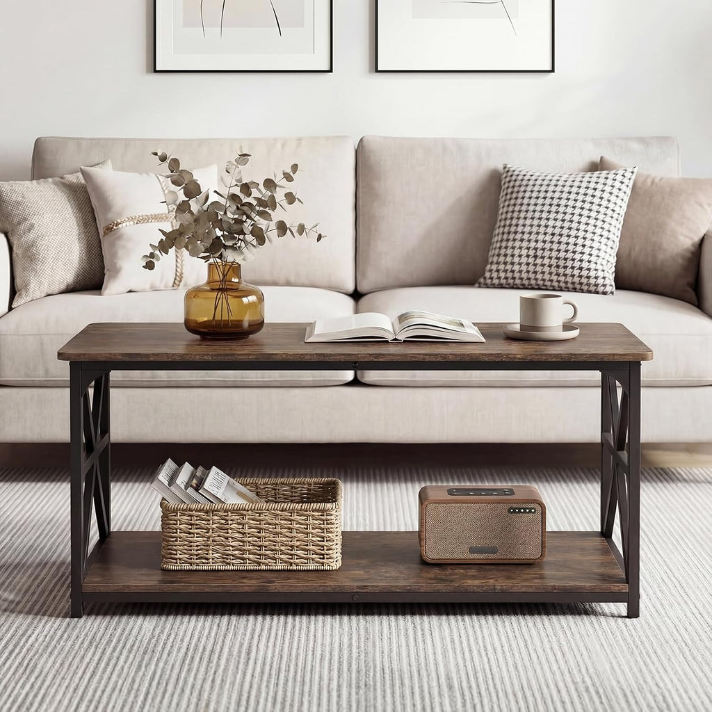 GIANTEX Farmhouse Coffee Table, 43" Center Table with Storage, Rustic Brown