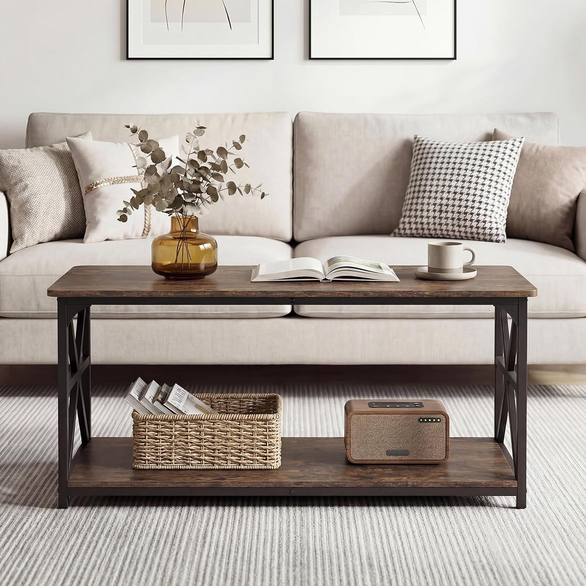 GIANTEX Farmhouse Coffee Table, 43" Center Table with Storage, Rustic Brown