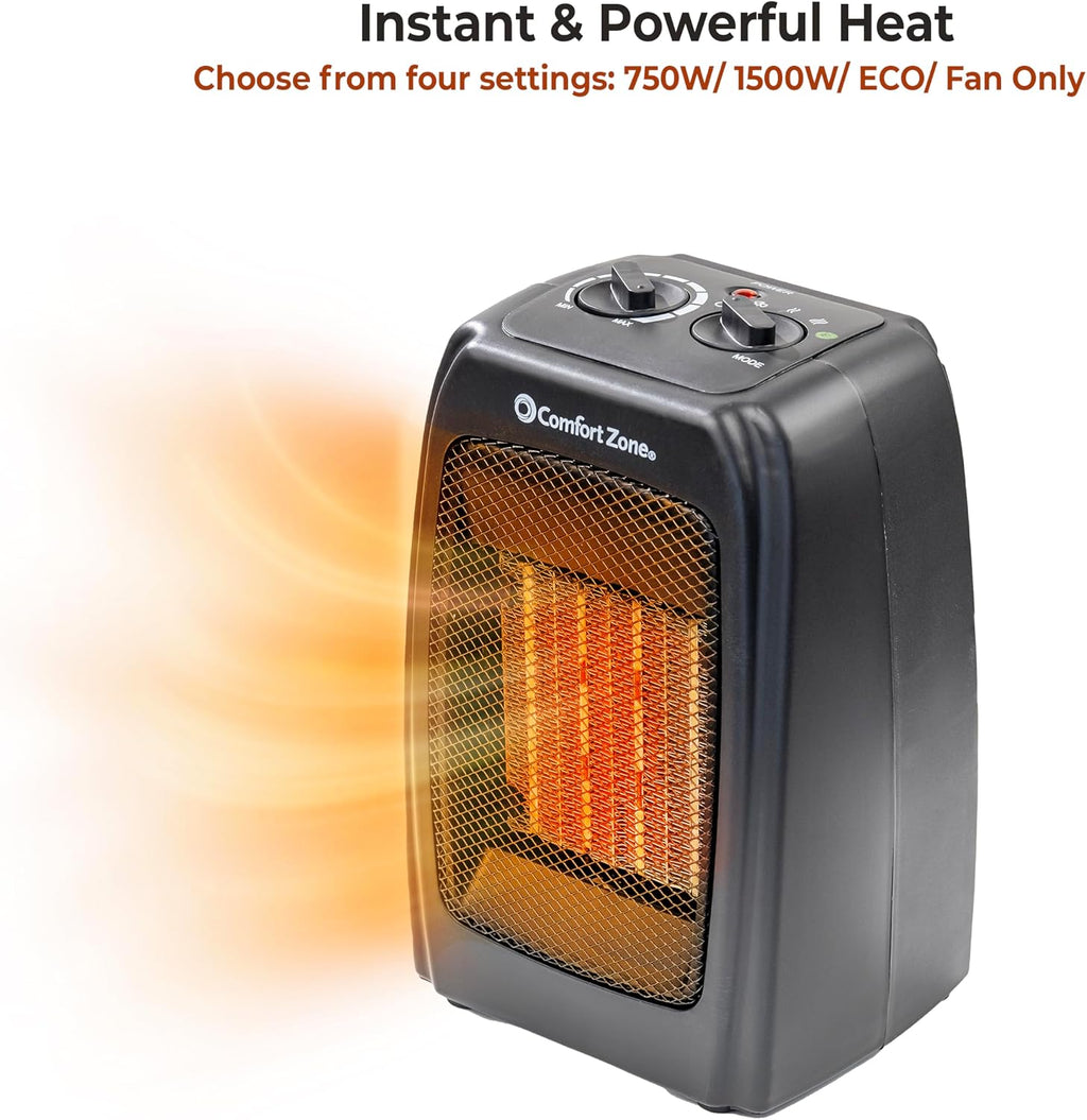 Comfort Zone CZ442E Personal Energy Save Ceramic Heater - 1500W Portable with Adjustable Thermostat, Tip-Over Switch & Overheat Protection, Black