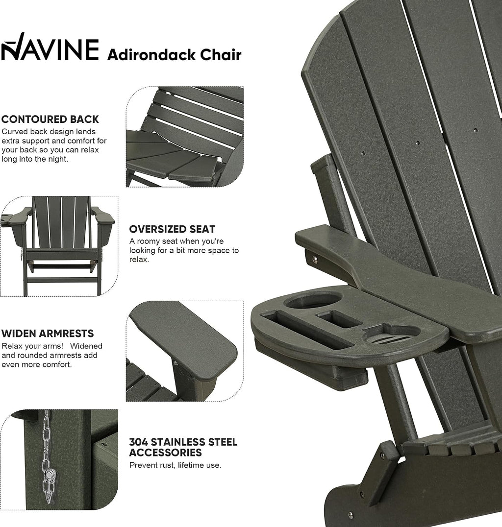 NAVINE Folding Adirondack Chairs Set of 2 with 4-in-1 Cup Holder, Grey