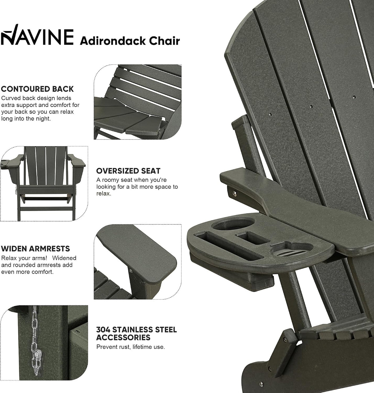 NAVINE Folding Adirondack Chairs Set of 2 with 4-in-1 Cup Holder, Grey