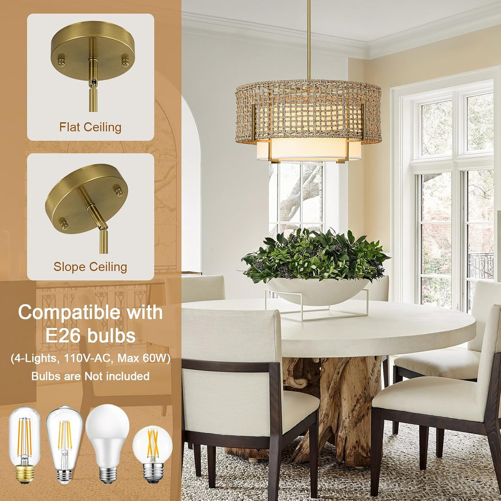 19.7" rattan chandelier, 4-light boho dining room light, front angle view