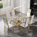 Modern Gold Glass Dining Table Set of 6, 47'' Clear Glass Top Rectangular Kitchen Table Set, 7 Pieces Minimalism Dining Room Table Set, 6 Luxury White Gold High Back Dining Chairs Set