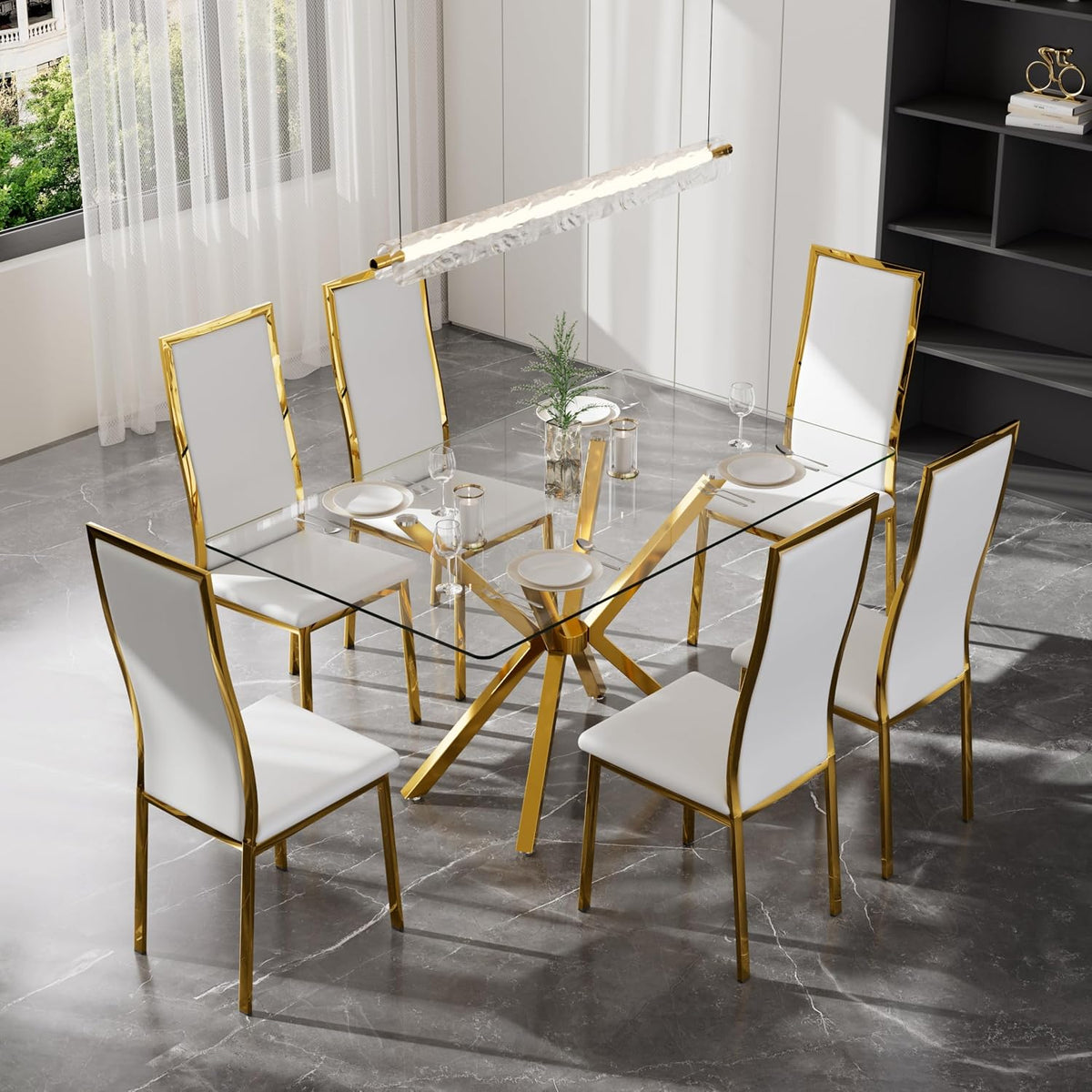 Modern Gold Glass Dining Table Set of 6, 47'' Clear Glass Top Rectangular Kitchen Table Set, 7 Pieces Minimalism Dining Room Table Set, 6 Luxury White Gold High Back Dining Chairs Set