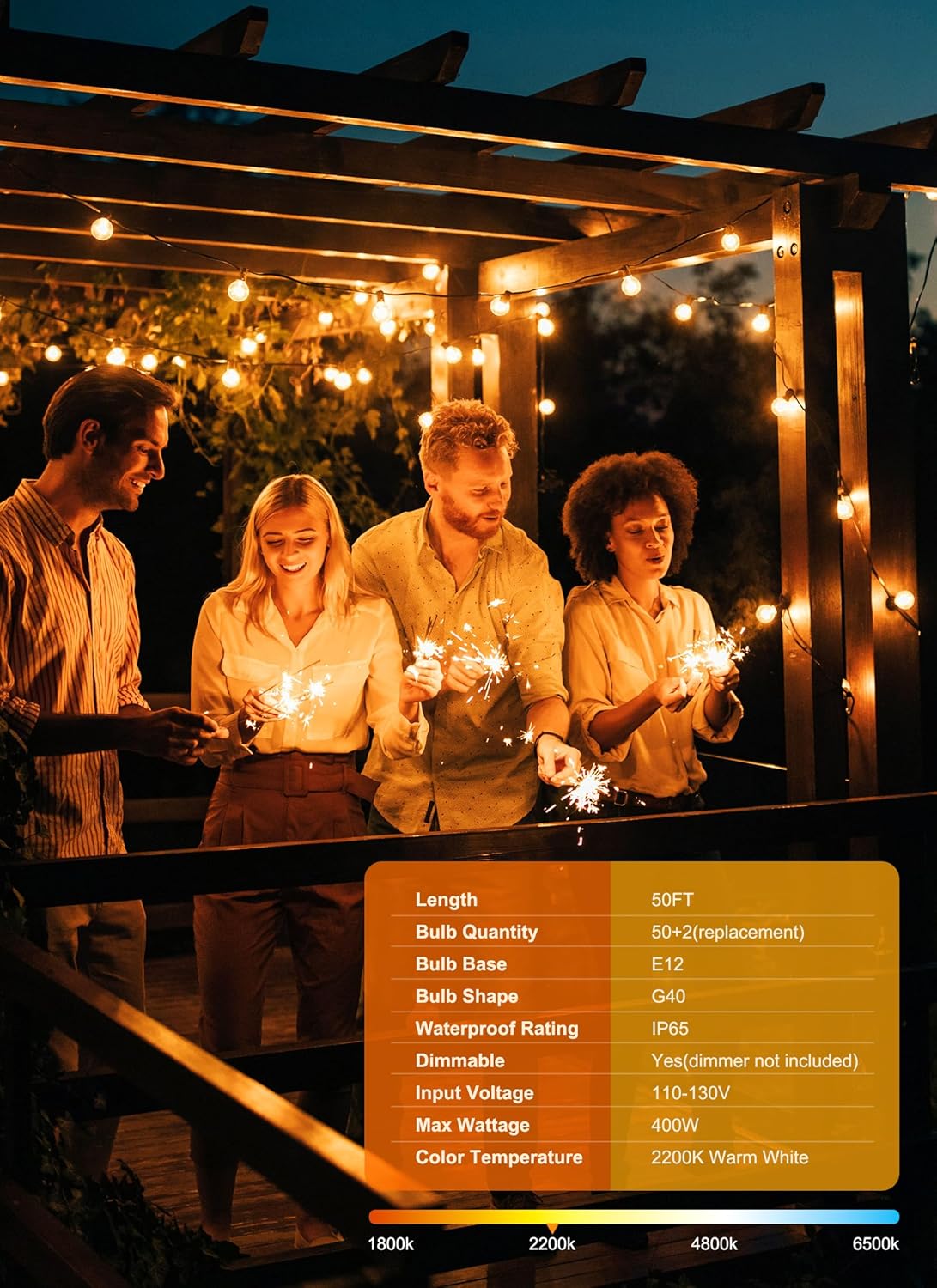 Outdoor String Lights, 50FT 52 LED Bulbs Connectable Patio Lights (2 Spare)