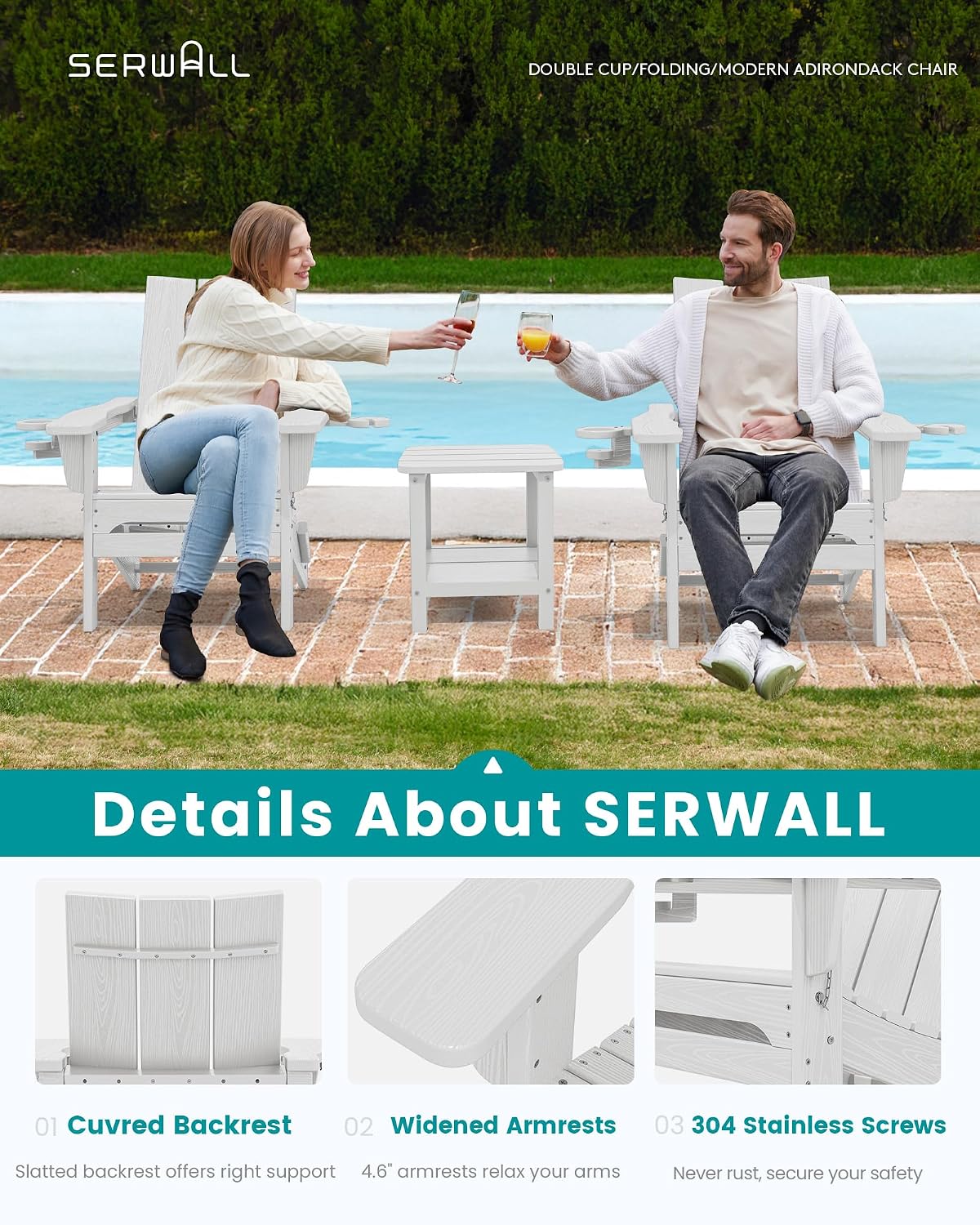 SERWALL Modern Folding Adirondack Chairs Set of 6, HDPE, Cup Holders, White