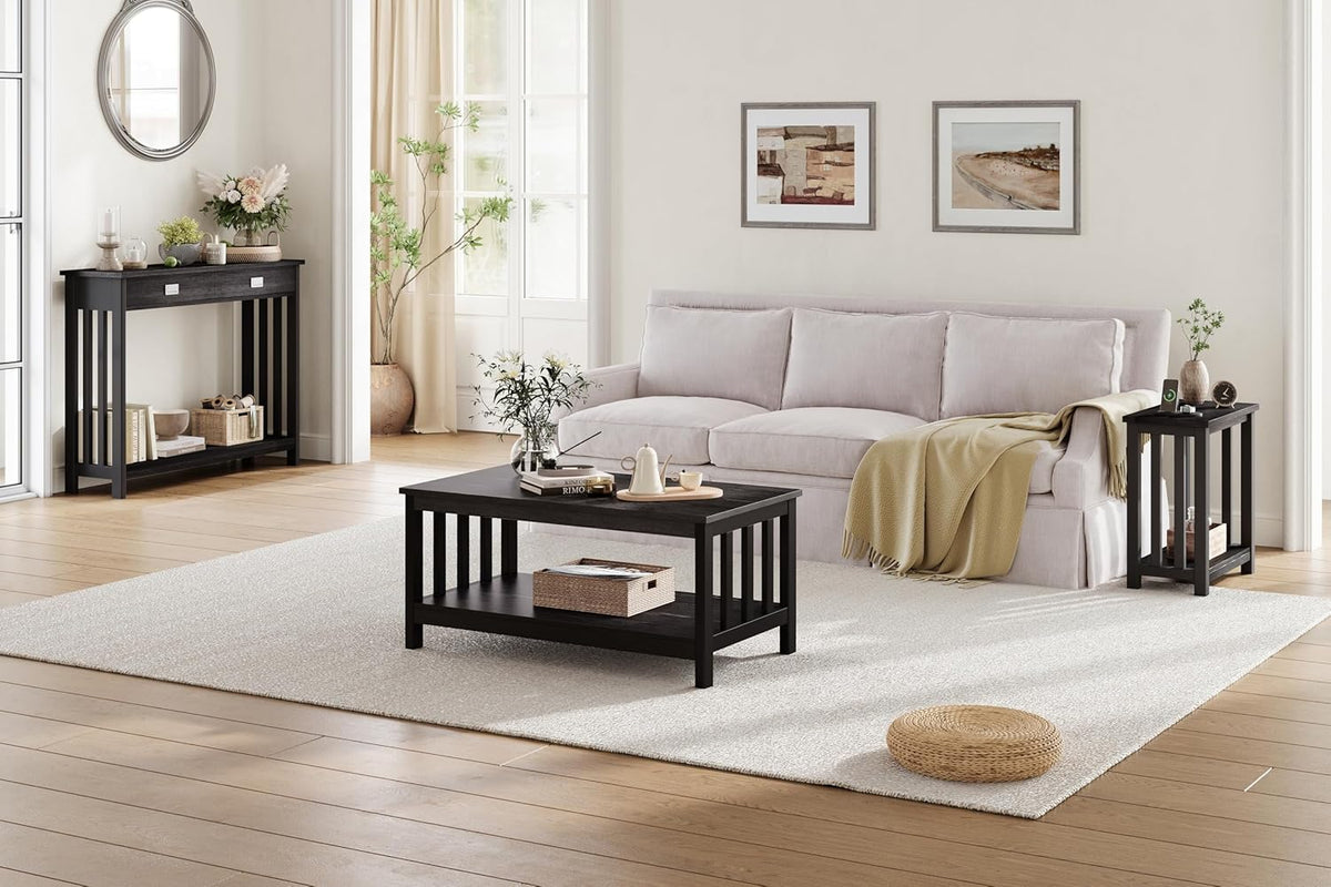 ChooChoo Mission Coffee Table, Black Wood Living Room Table with Shelf, 40 Black