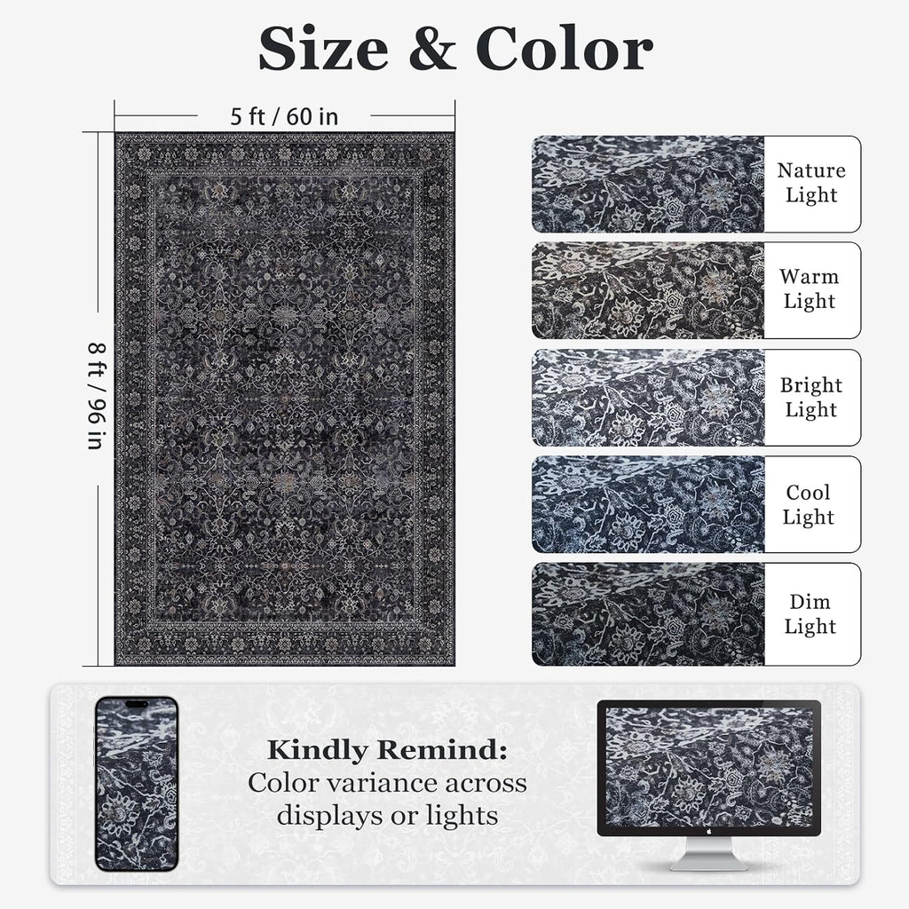 Washable Dark 5x8 Area Rugs, Vintage Farmhouse Earth Tone Carpet for Living Room Bedroom, Low Pile Thin Rug with Non Slip Rubber Backing for Dining Room Kitchen Home Office