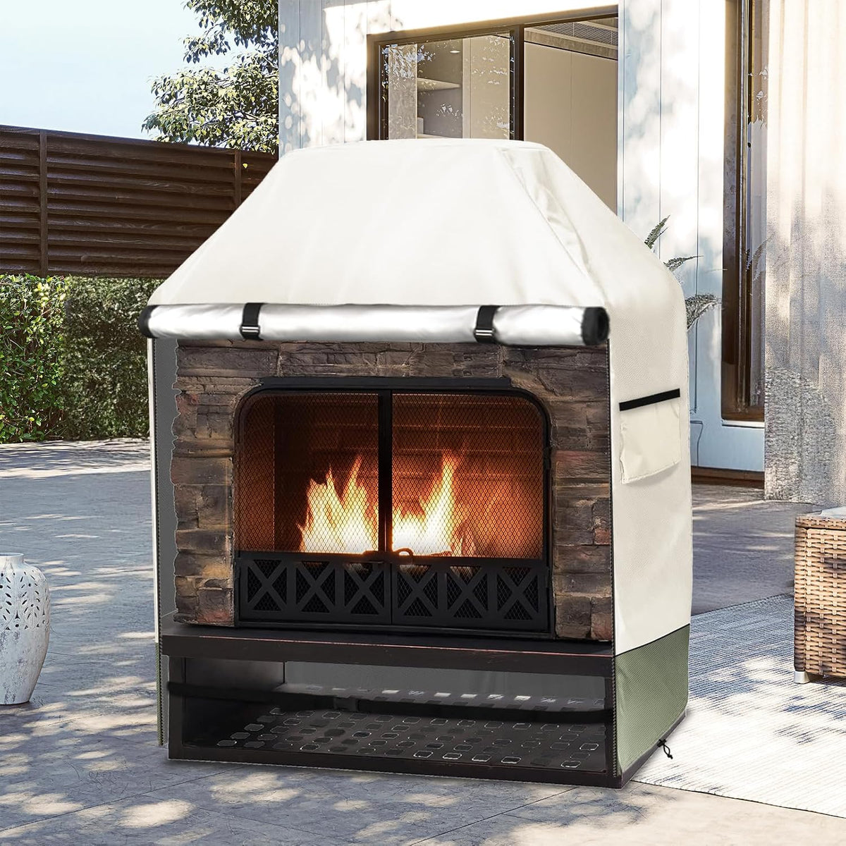 Outdoor Fireplace Cover, 42"W × 24"D × 48"H, Beige & Grayish Green