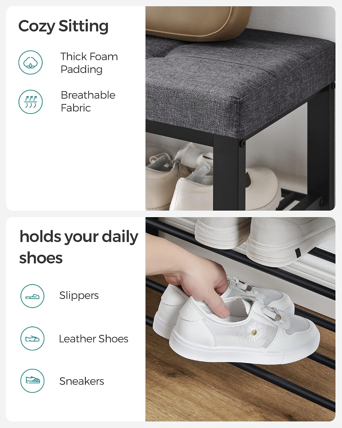 SONGMICS Shoe Bench, Storage Bench, Entryway Bench with Cushion