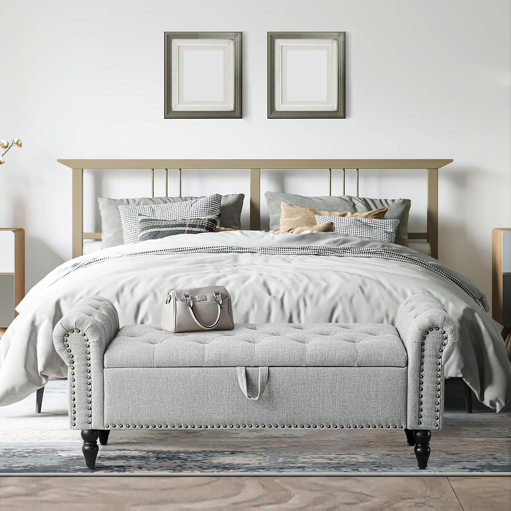 Furniliving 51” Bedroom Bench, End of Bed Bench with Button-Tufted Large Upholstered Storage Bench Ottoman Linen Window Benches with Storage Shoe Cabinet, for Bedroom, Entryway, Closet, Grey