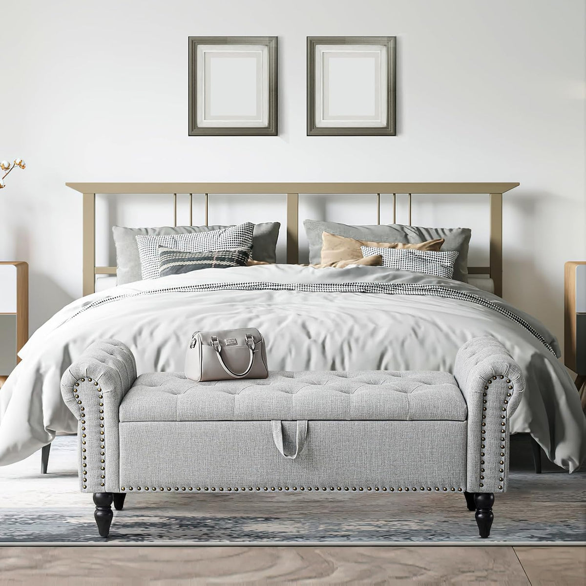 Furniliving 51” Bedroom Bench, End of Bed Bench with Button-Tufted Large Upholstered Storage Bench Ottoman Linen Window Benches with Storage Shoe Cabinet, for Bedroom, Entryway, Closet, Grey