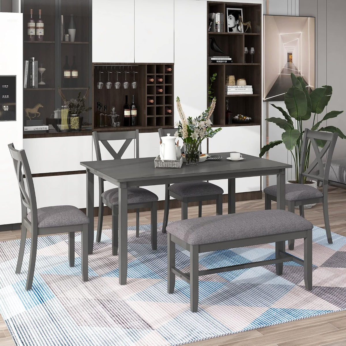 Merax 6-Piece Farmhouse Dining Table Set, 60" Solid Wood Rectangular Kitchen Table with 4 Upholstered Chairs & 1 Bench, Dining Room & Living Room Furniture, Gray