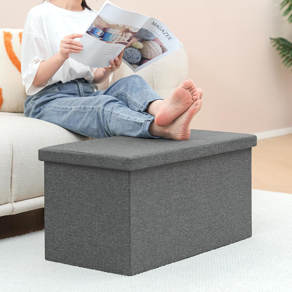 PINPLUS Folding Storage Ottoman Bench with Lid Tray, 30 inches Ottoman Coffee Table Grey Cube Chair Foot Rest Stool Storage Chest for Living Room Bedroom, Holds up to 550 lb
