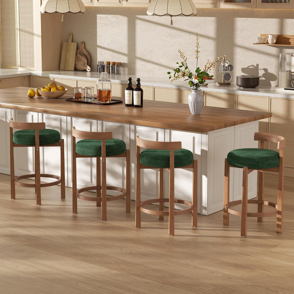 Bar Stools Set of 4, 26" Upholstered Counter Height Bar Chairs, Mid Century Modern Barstools Low Back Round Counter Stools with Wood Legs for Kitchen Island, Green