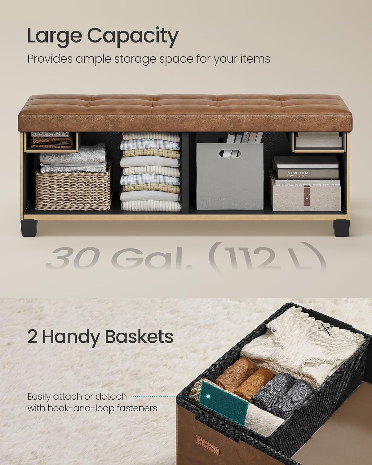 SONGMICS Storage Ottoman Bench with Legs, 43.3 Inches, 30 Gal. (112 L)