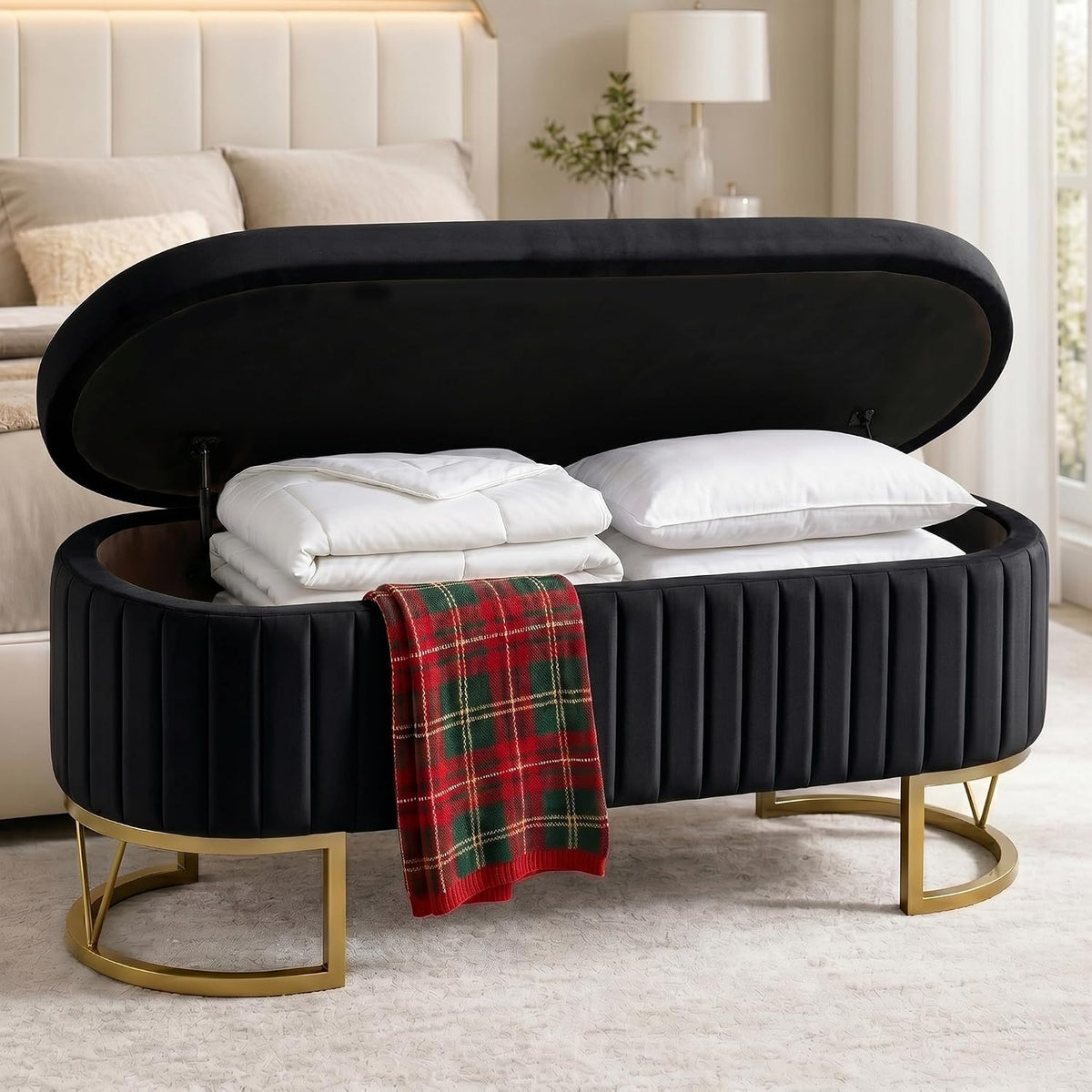 Velvet Storage Bench for Queen Size Bed, 46'' Black Oval Ottoman, Gold Legs