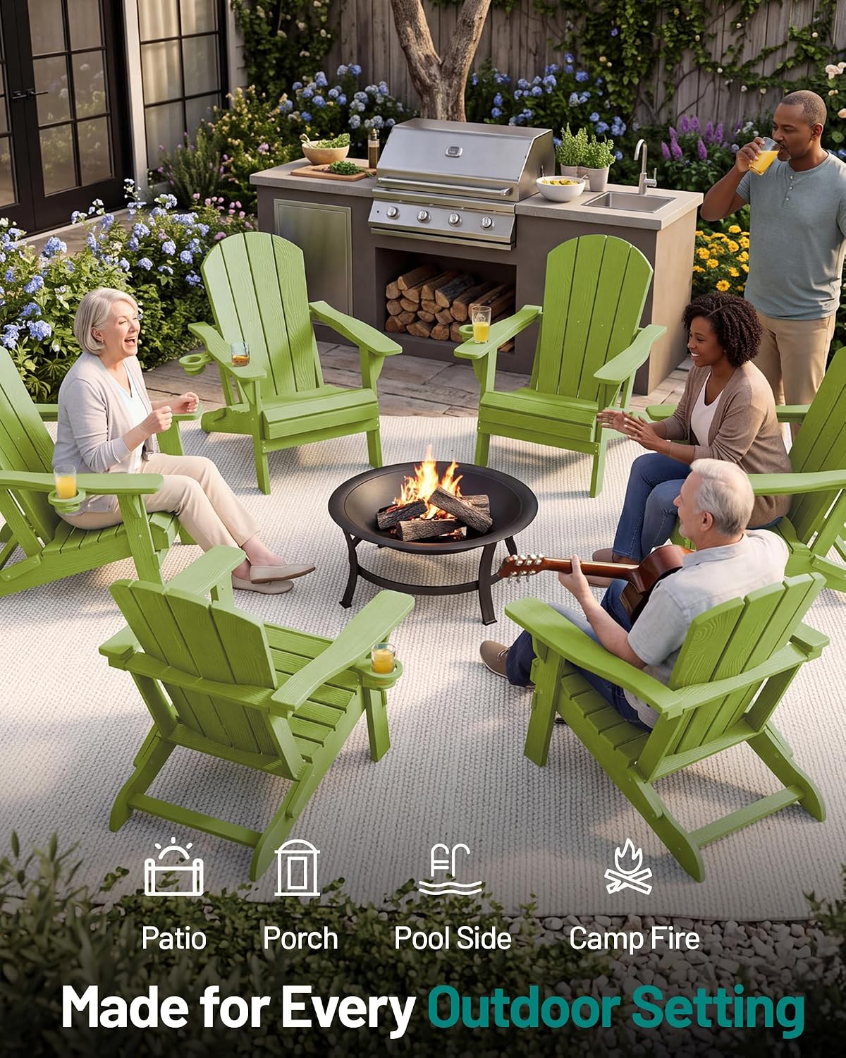 PLUUV Folding Adirondack Chairs Set of 6 with Cup Holder, Apple Green