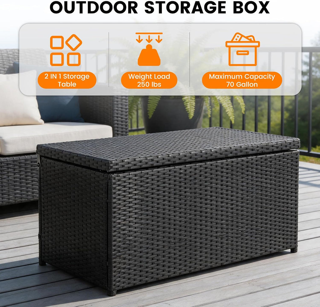 Sundale 70 Gallon Black Rattan Deck Storage Box with Hinged Lid