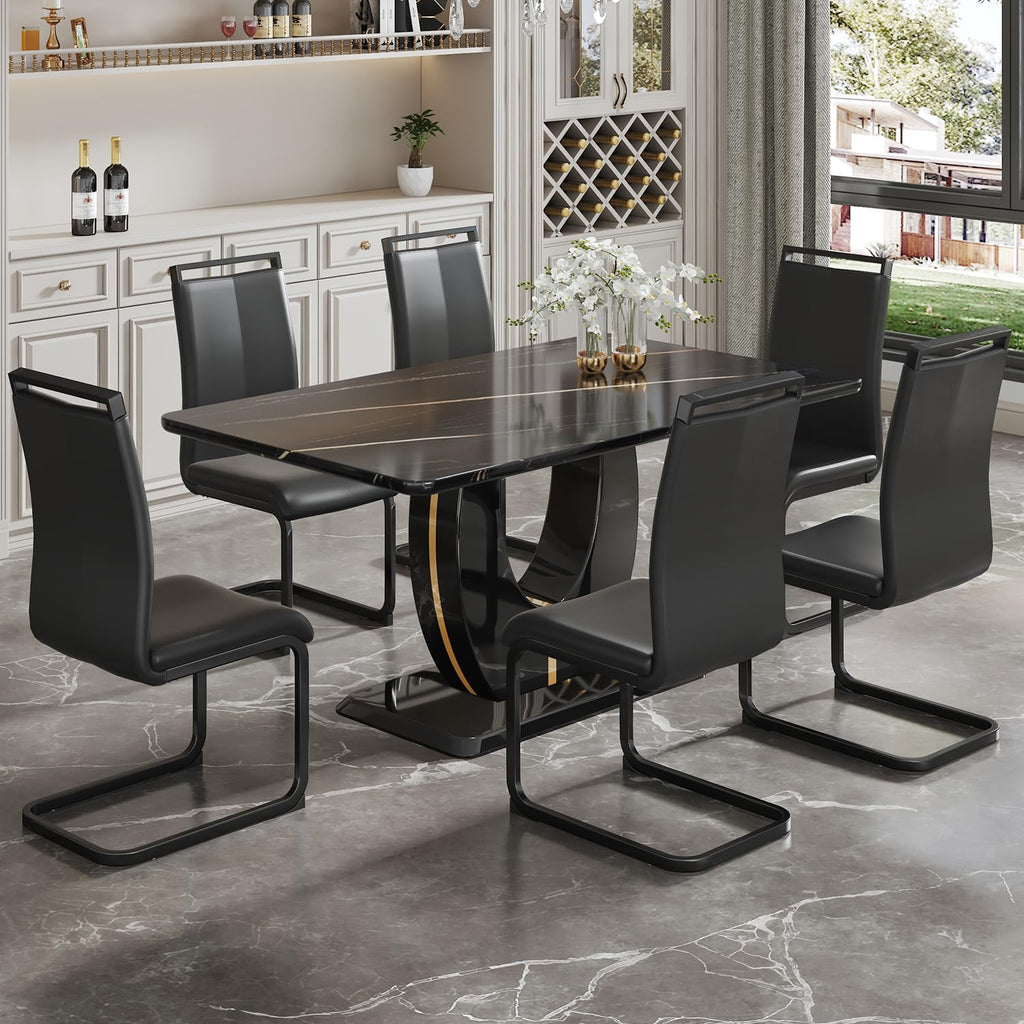 JUFU Modern Dining Table Set for 6,Rectangula Kitchen Table Set with Faux Marble Tabletop＆6 Pu Leather Upholstered Chairs Ideal for Dining Room, Kitchen