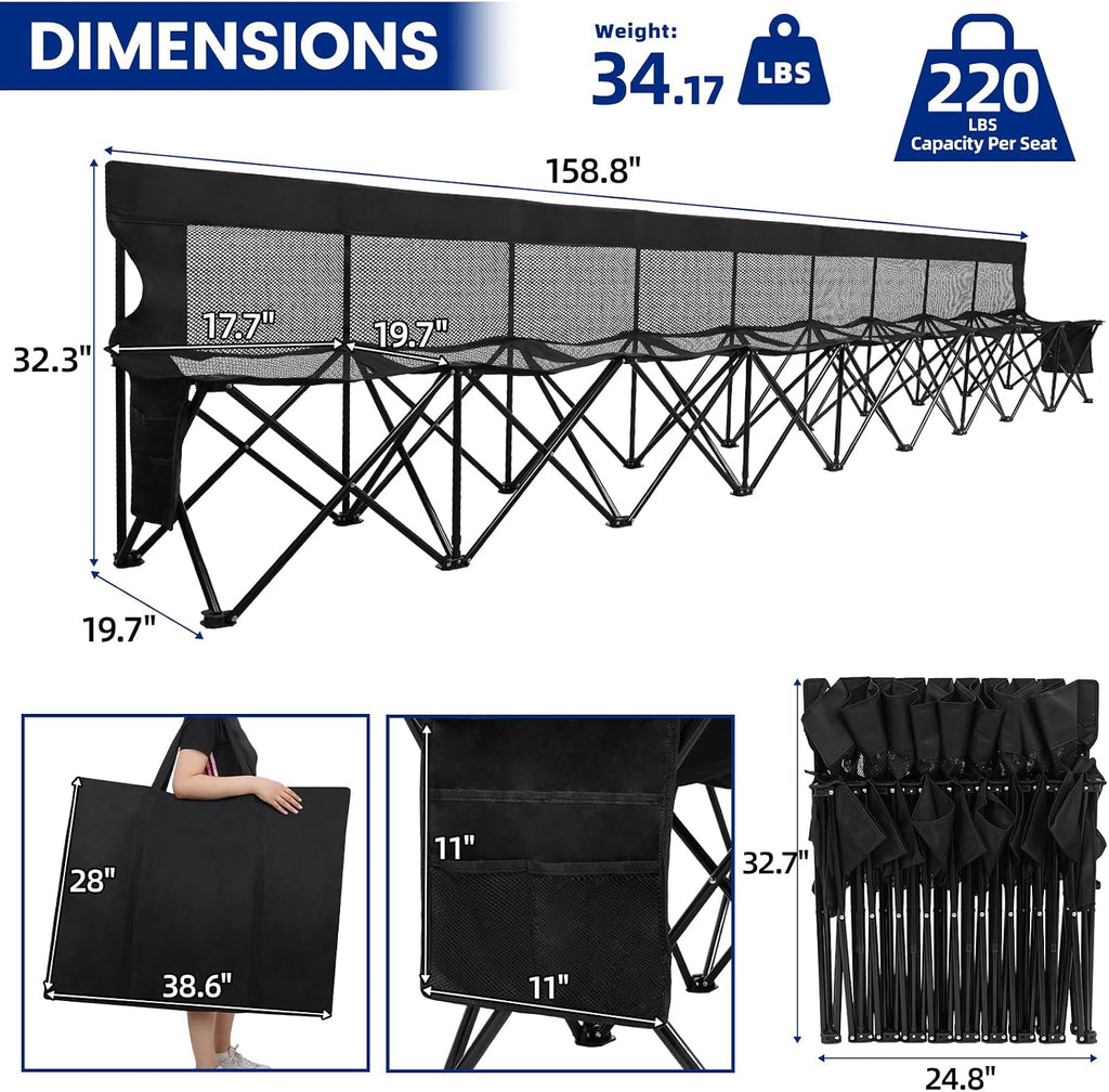 Soccer Bench- Folding Team Bench Soccer 9 Seats with Mesh,Black