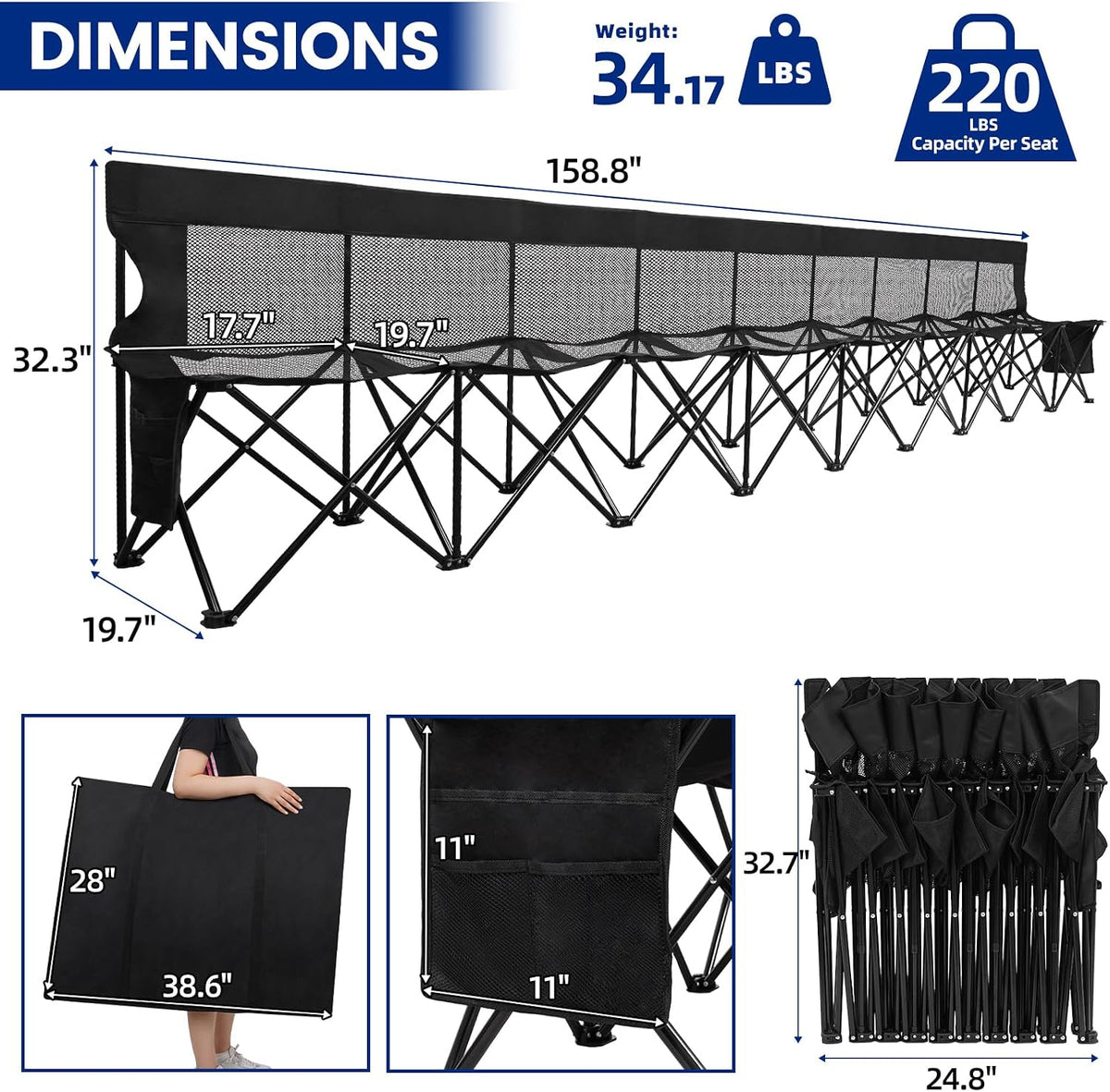 Soccer Bench- Folding Team Bench Soccer 9 Seats with Mesh,Black