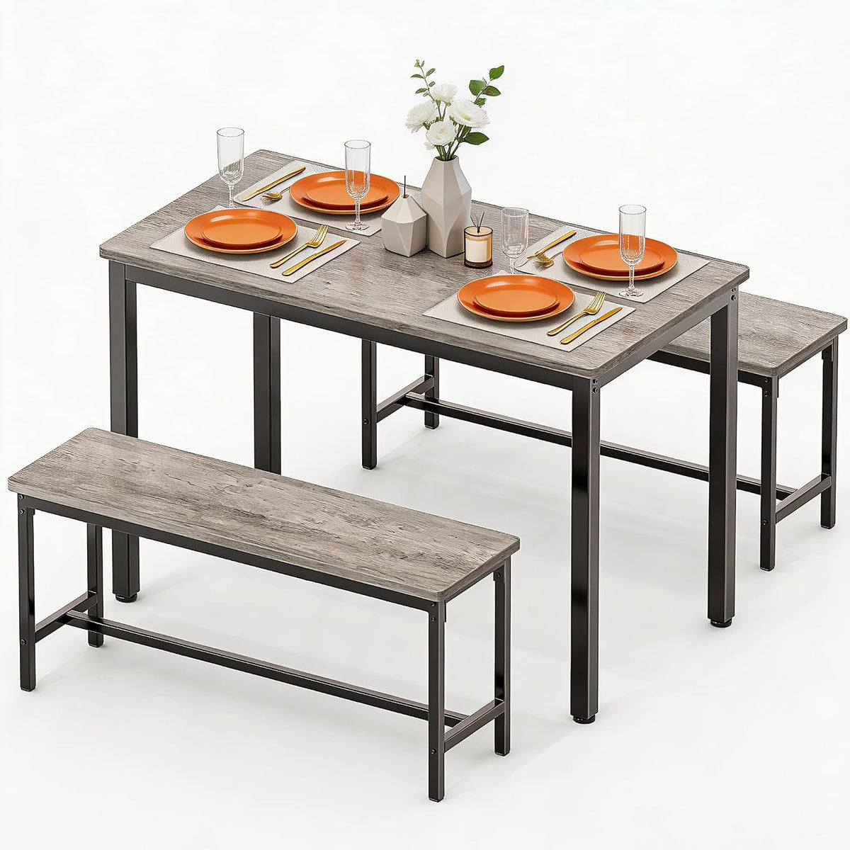 Dining Table Set for 4, 3 Piece Dining Room Table Set for Space-Saving, Modern Kitchen Table with 2 Benchs for Apartment Breakfast Nook and Samll Space, Grey