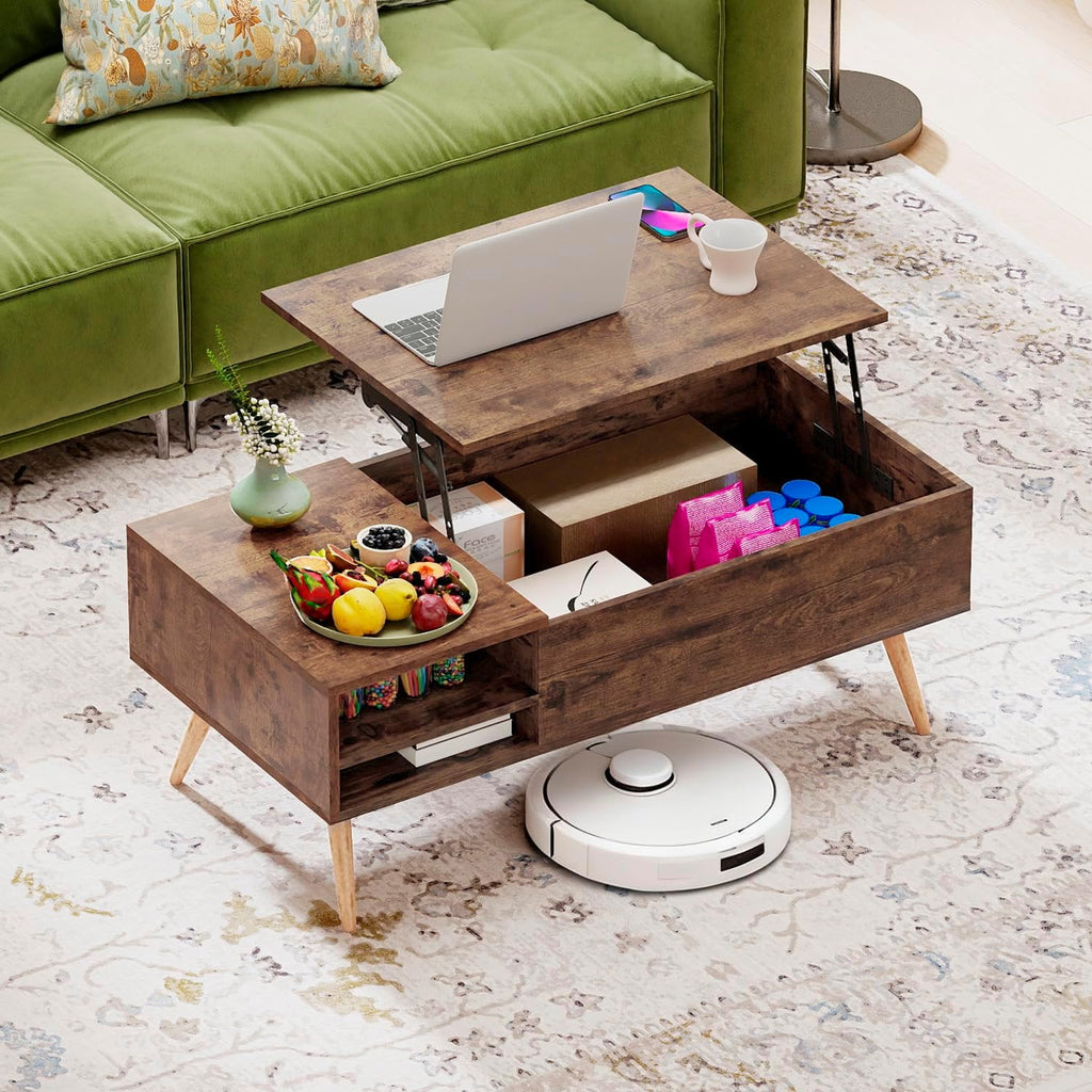FDW Modern Lift Top Coffee Table Wooden Small Coffee Table with Storage Shelf Hidden Compartment for Living Room Home Office,Brown