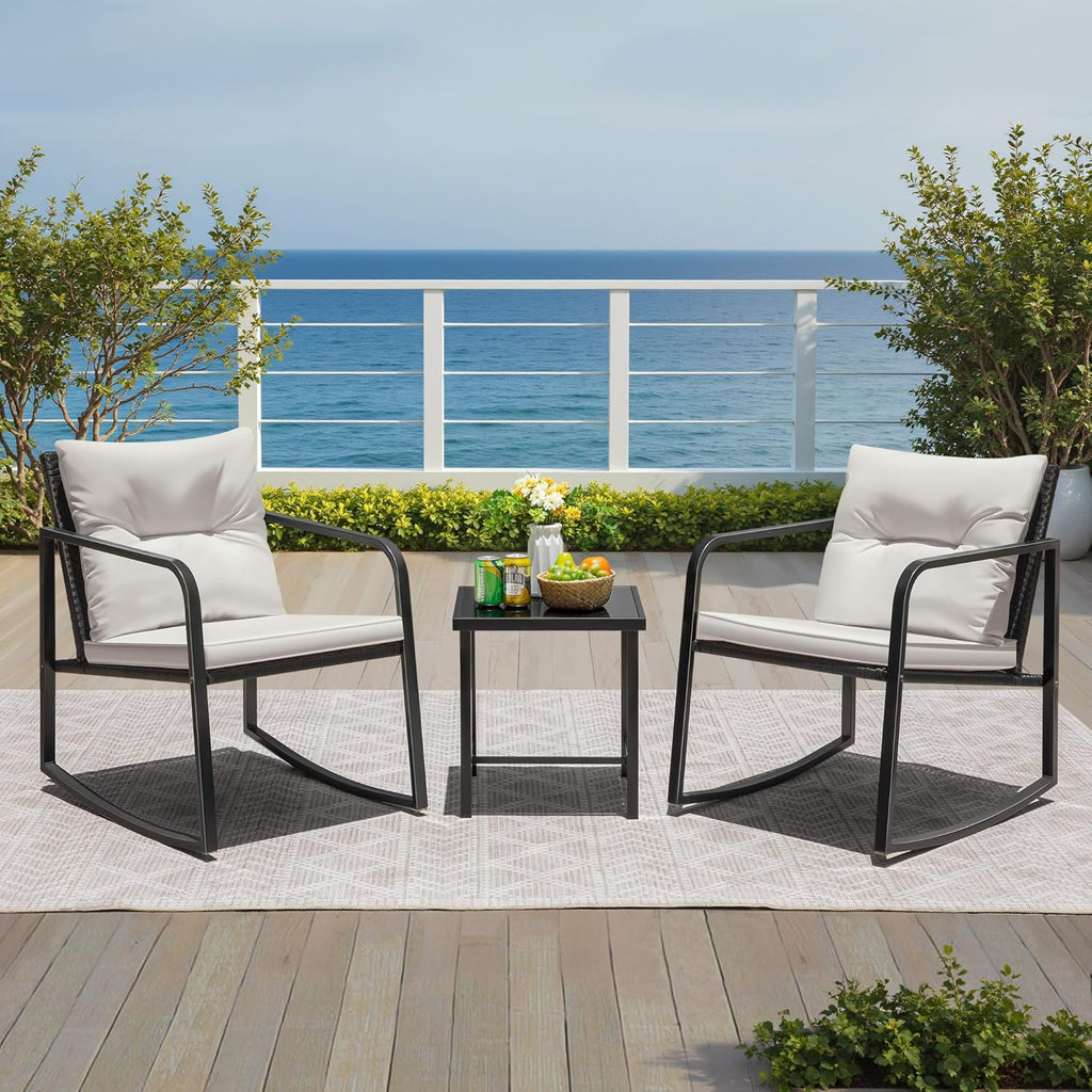 Greesum 3 Pieces Rocking Wicker Bistro Set,Patio Conversation Sets,Beige