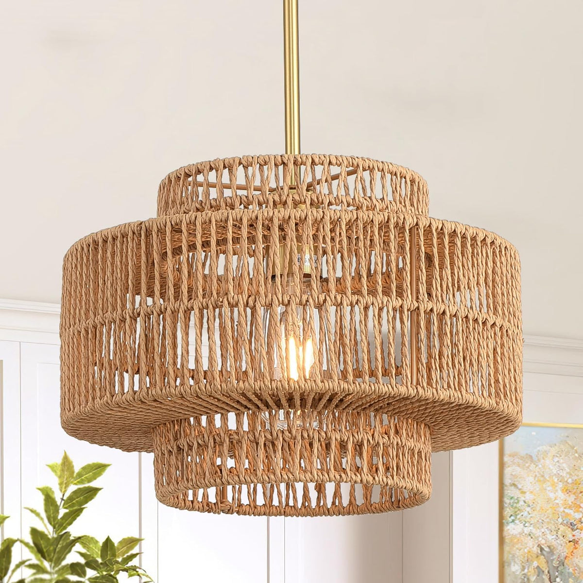 12.4" Rattan Pendant Light,1-Light Boho Chandelier Light Fixture Farmhouse Rattan Hanging Ceiling Lighting Fixture for Dining Room, Living Room, Kitchen Island, Bedroom, Hallway, Foyer