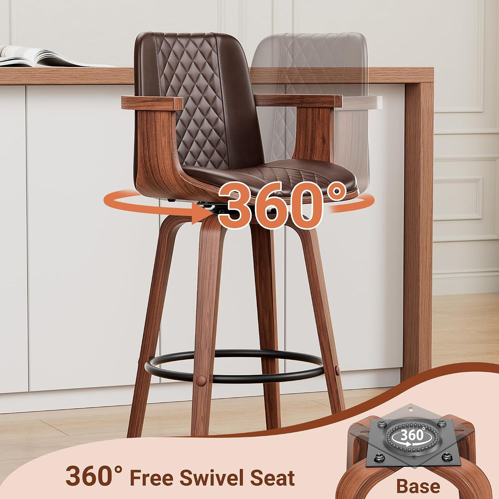 REONEY Barstools Set of 1, 26inch Counter Height Swivel Bar Chairs, Brown