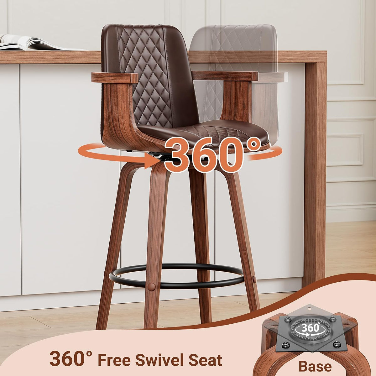 REONEY Barstools Set of 1, 26inch Counter Height Swivel Bar Chairs, Brown