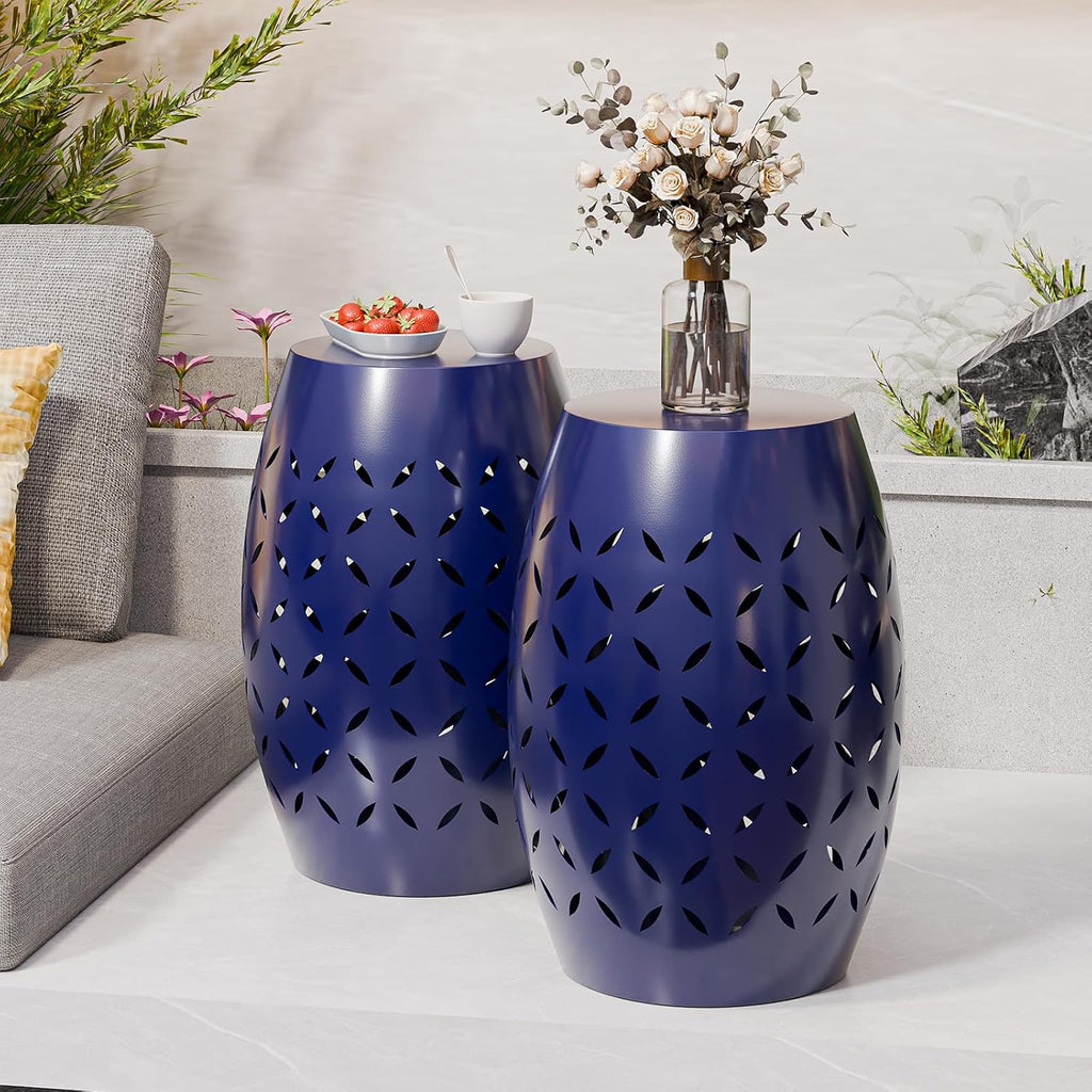 VINGLI Outdoor Iron Side Table, Patio End Table Anti-Rust Metal Round Drum Garden Stool Plant Stand Indoor Iron Accent Table for Patio Deck Porch Living Room (Navy Blue)