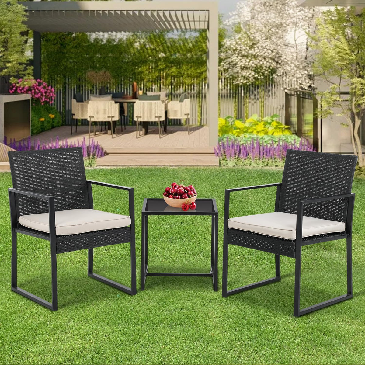 PayLessHere | 3-Piece Outdoor Patio Furniture Set | Khaki | Modern Rattan Bistro Set with Cushioned Chairs & Tempered Glass Coffee Table | Indoor & Outdoor Seating | for Balcony, Garden, Poolside