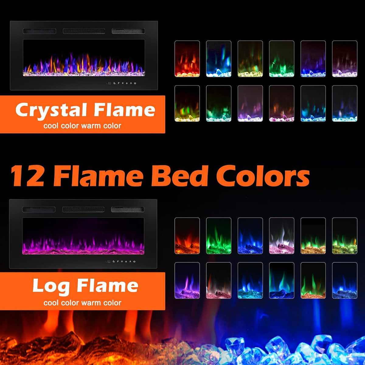 36" Electric Fireplace Wall Mounted and Recessed 750/1500w W/Remote Control