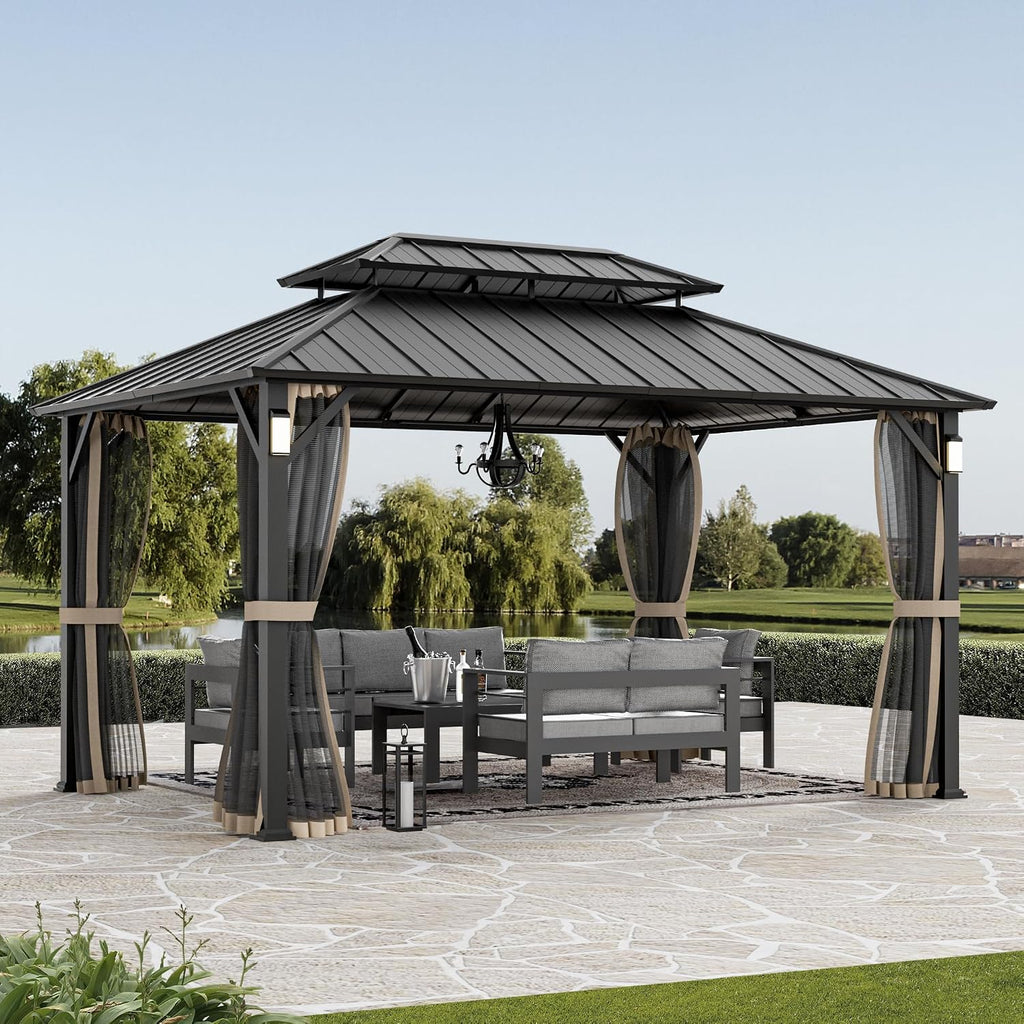 Modern Shade Hardtop Gazebo 10x14 with 4 LED Lights for Backyard, Black