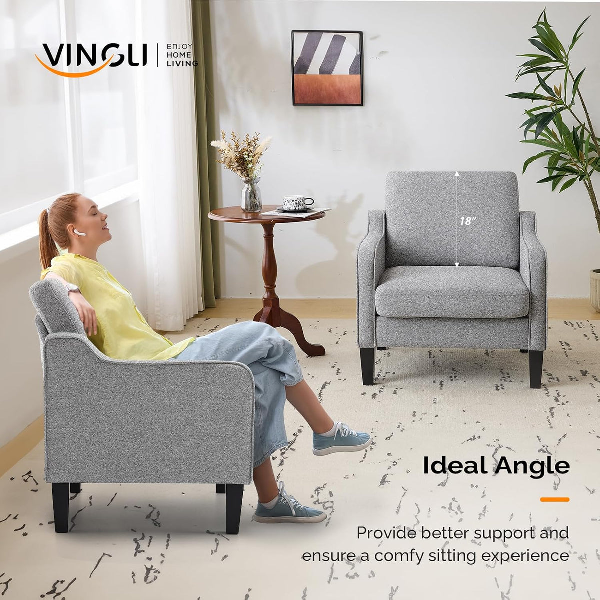 VINGLI Accent Chair, Linen Upholstered Grey Armchair for Living Room