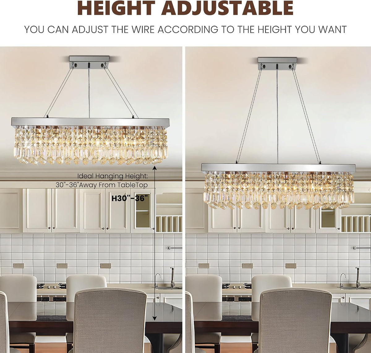 12-Lights Crystal Chandeliers Modern Crystal Rectangular Flush Mount Chandelier with Raindrop Crystals Pendant Light Fixture for Dining Dining Room Kitchen Dining Room Bedroom Bathroom Hotel