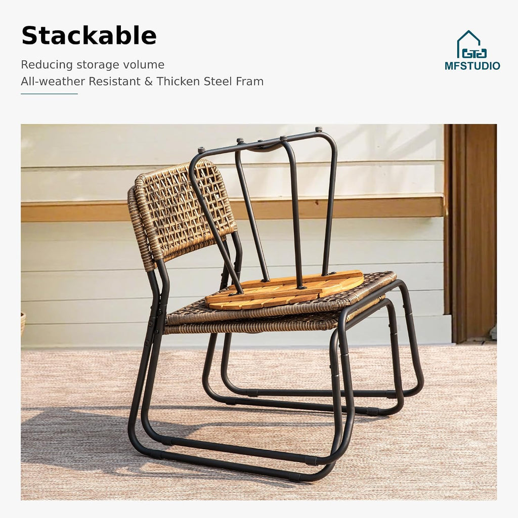 MFSTUDIO 3 Piece Wood and Rattan Patio Bistro Set, Yellow-Brown